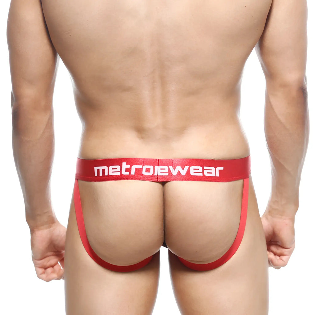 Red metrowear jock strap atrakivio 3001-76 with bold white logo waistband in front and comfortable design