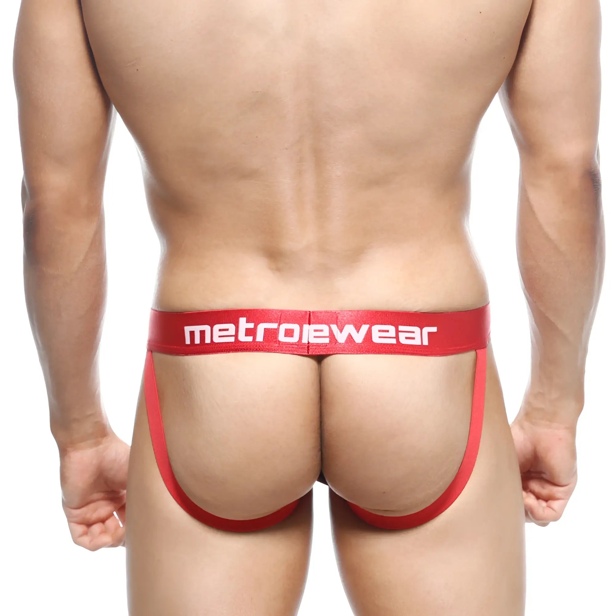 Red metrowear jock strap atrakivio 3001-76 with bold white logo waistband in front and comfortable design