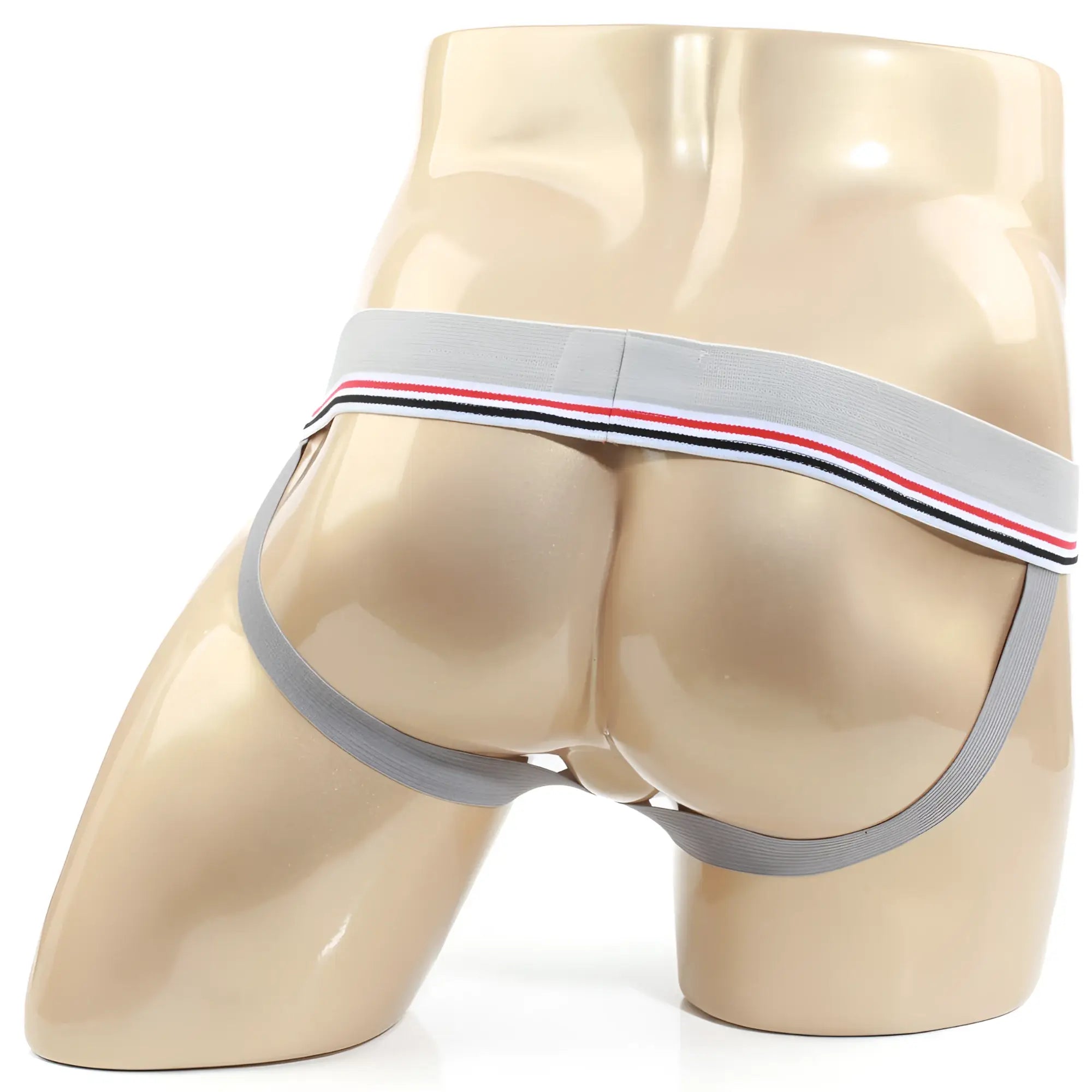 Gray athletic briefs with white red and black striped waistband from metromalewear jock strap jasper gray 3001-m10