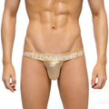 MetroMaleWear jock strap metal gold thong with a white logo band in gold metallic fabric
