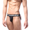 Black sheer jock strap briefs with white etromalewear logo on waistband by metromalewear model 3001-39