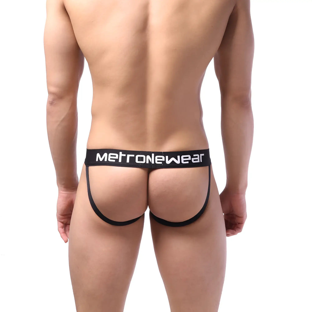 Black metronewear jock strap briefs with white lettering and a supportive contoured sheer design front view
