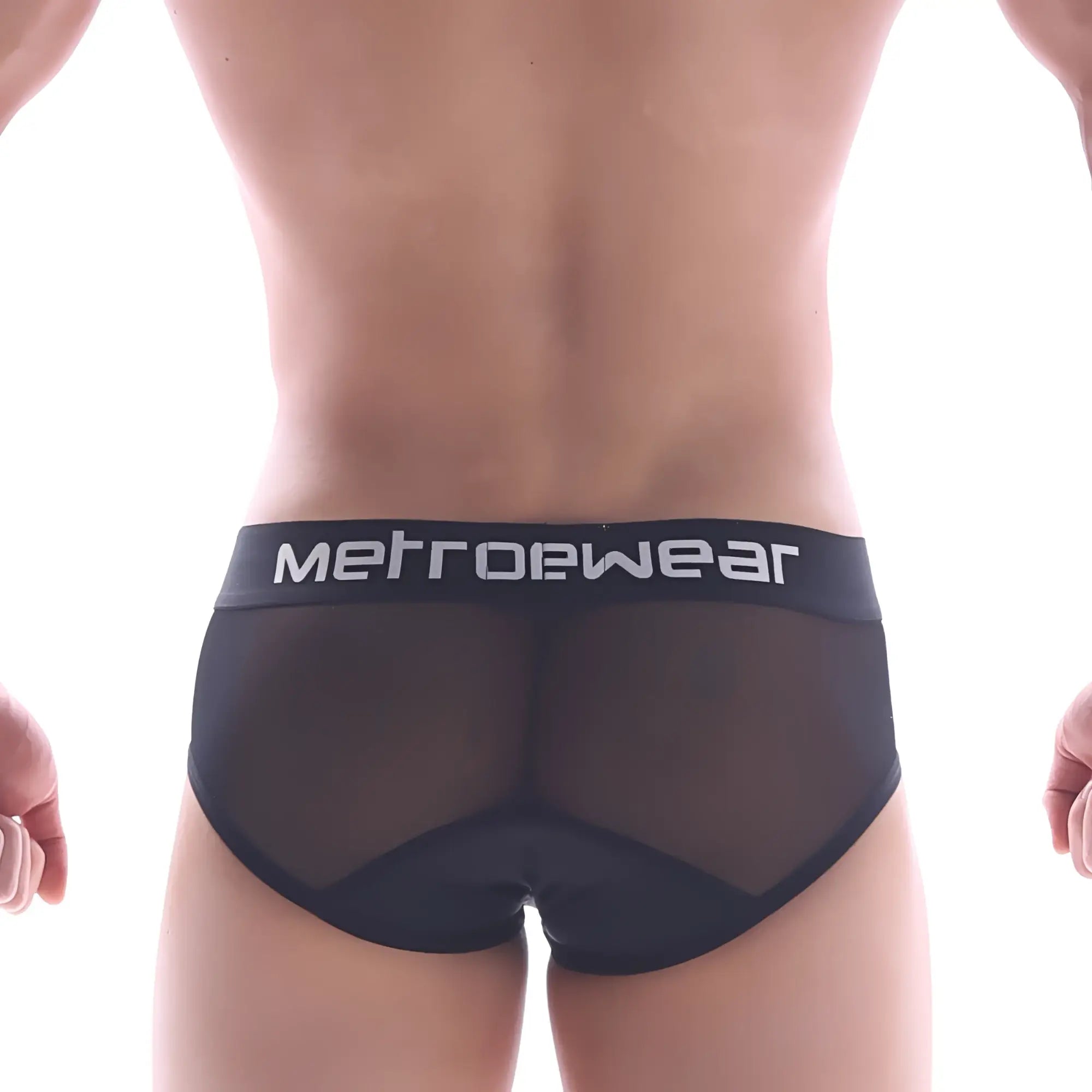 Black mesh briefs with a solid black waistband featuring metrowear logo in white from metro male wear joy mesh brief 9004-43