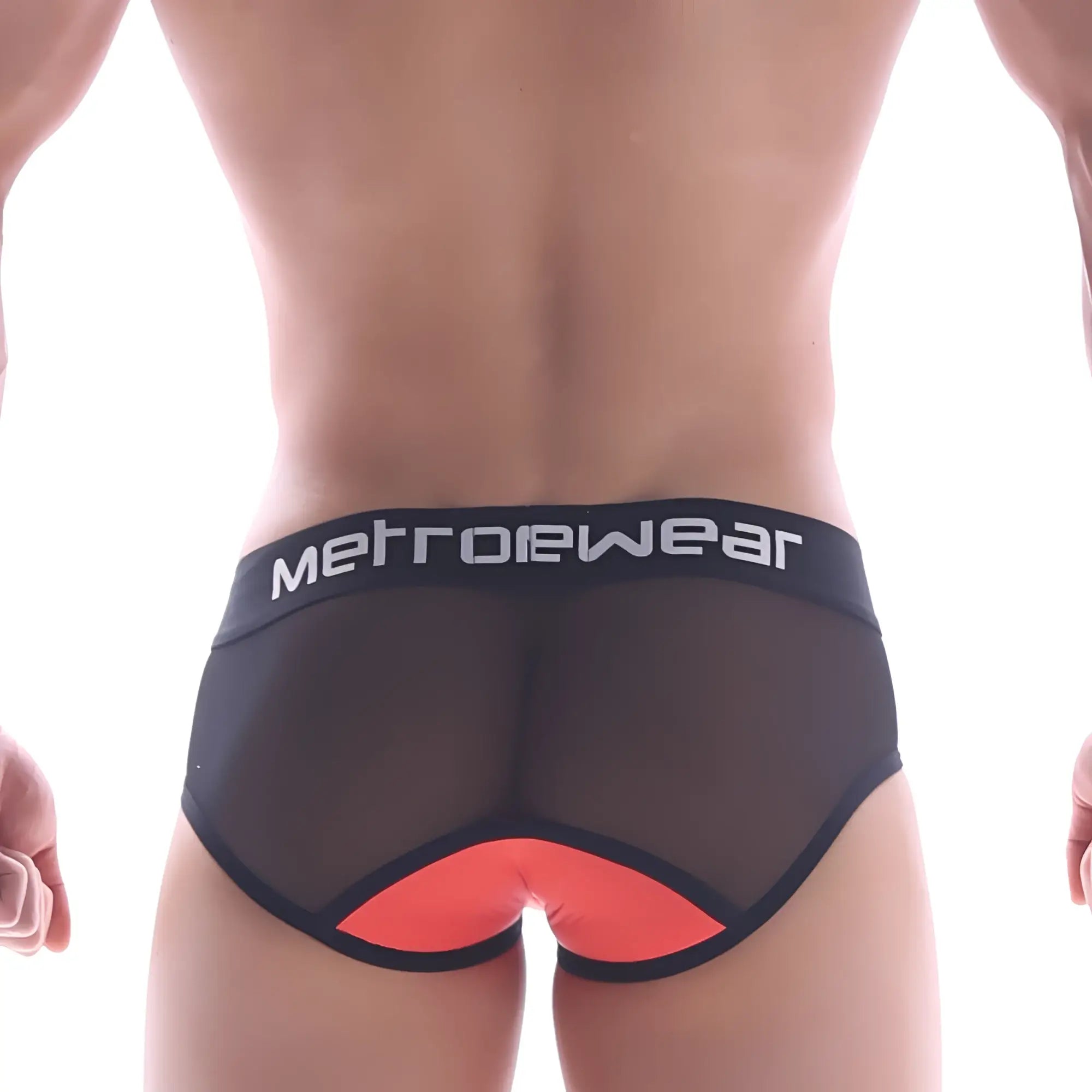 Back view of metro male wear joy mesh brief coral 9004-42 black mesh with orange triangular accent and branded waistband