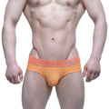 Orange metroMalewear jugo brief 5203-14 athletic briefs with a textured waistband featuring gray milan lettering