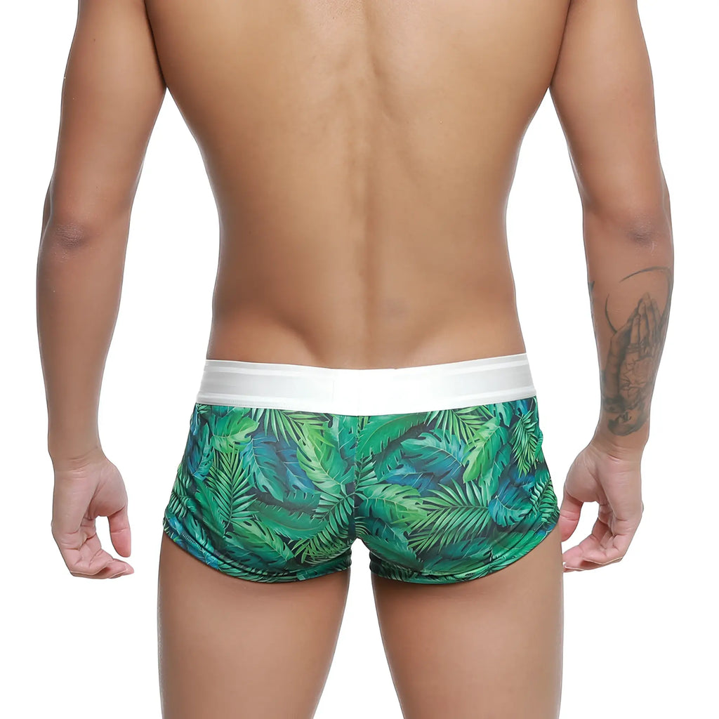 MetroMaleWear Jungle Trunk 2026-08 green tropical leaf-patterned swim trunks with white elastic waistband for men