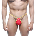 Red and yellow satin finish MetroMaleWear Jupiter thong showcasing smooth fabric and vibrant colors