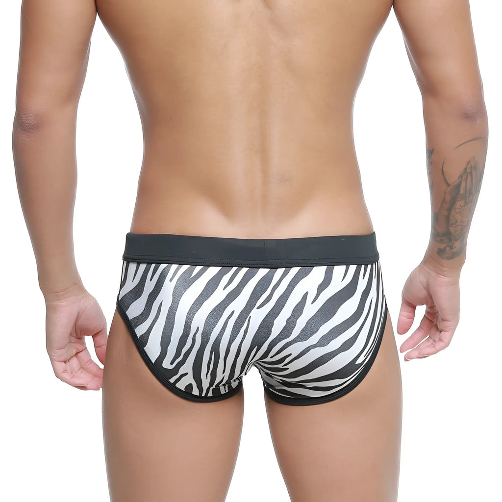 MetroMaleWear Kenya swim brief 4916-30 black and white zebra-striped men’s briefs with solid black waistband