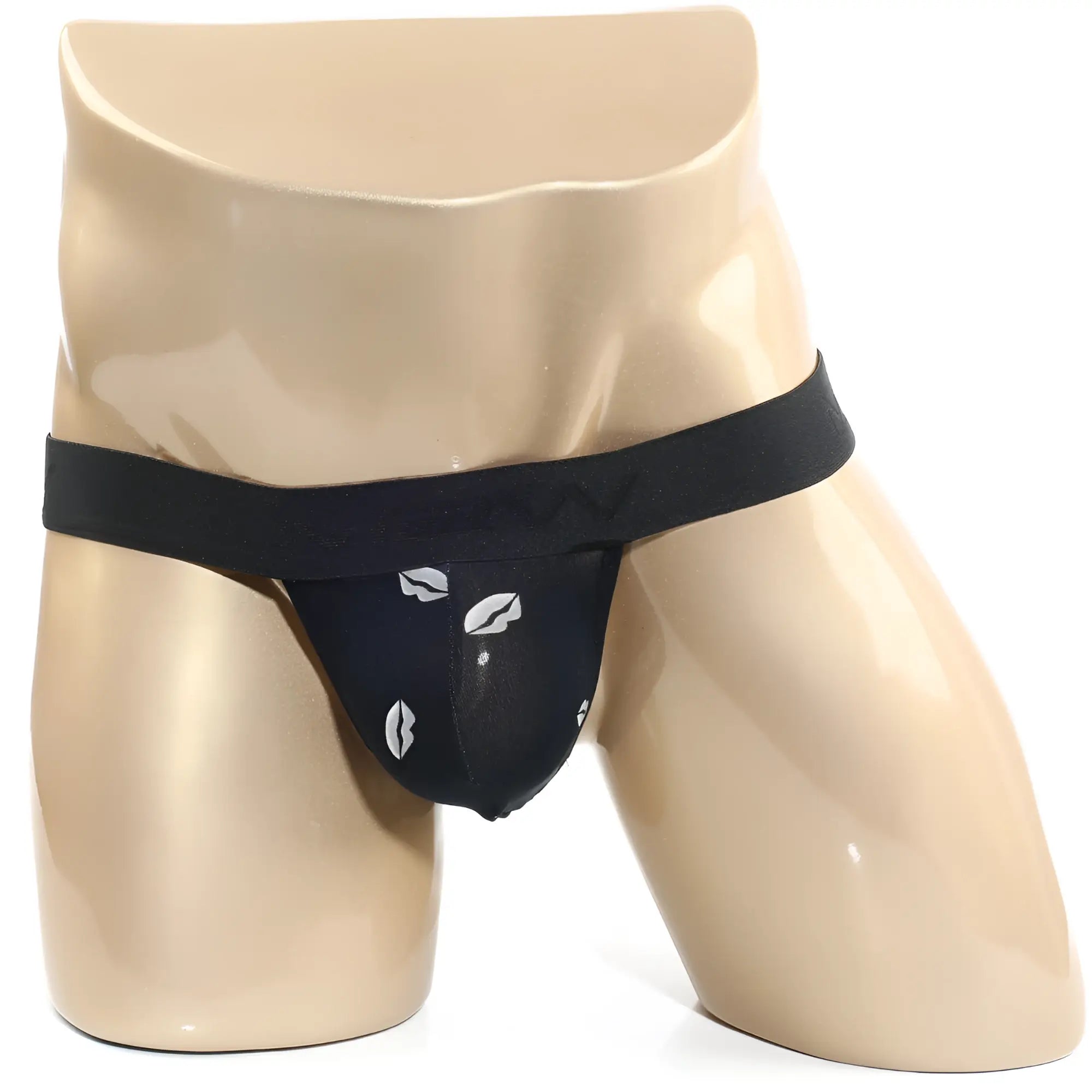 Black lace thong with white lip print design from MetroMaleWear kiss black thong 3002-66 collection