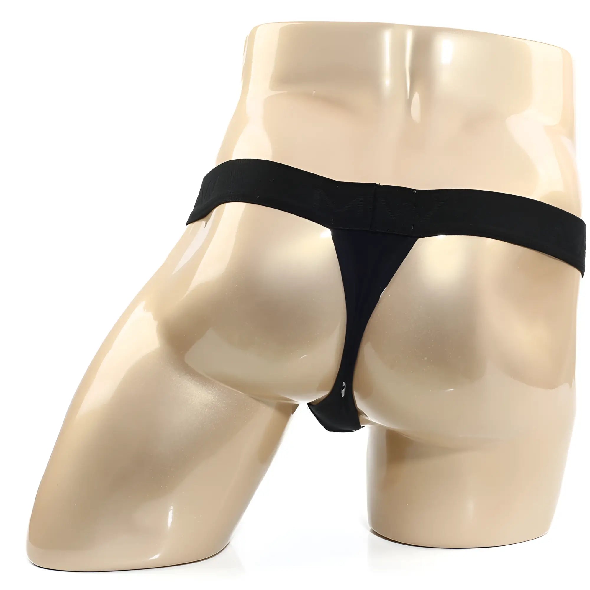 MetroMaleWear Kiss black thong 3002-66 with smooth elastic waistband and thin fabric straps shown from back side