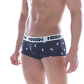 Navy blue metro malewear kiss short boxer briefs with white coffee bean prints and white elastic waistband with miiin branding