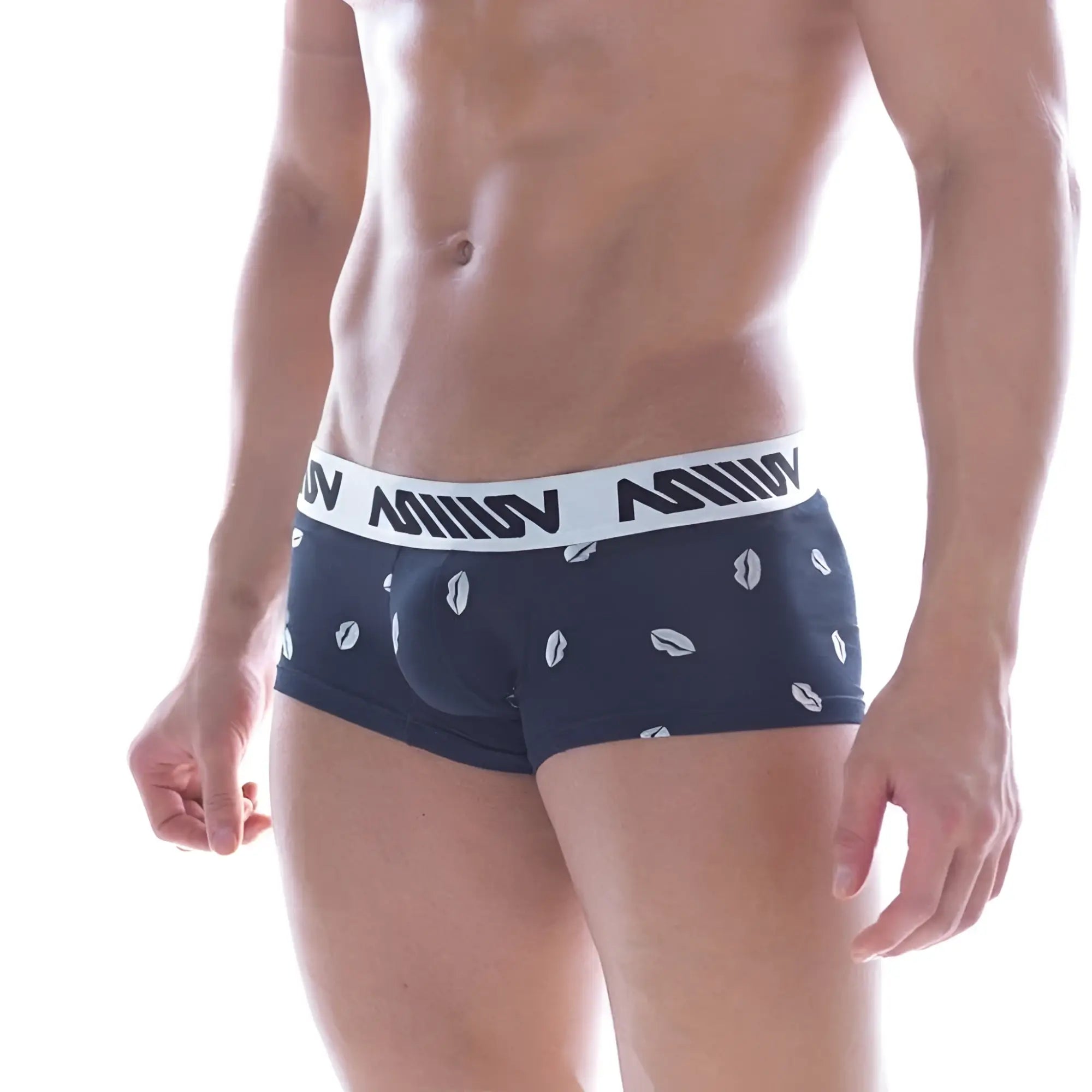 Navy blue metro malewear kiss short boxer briefs with white coffee bean prints and white elastic waistband with miiin branding
