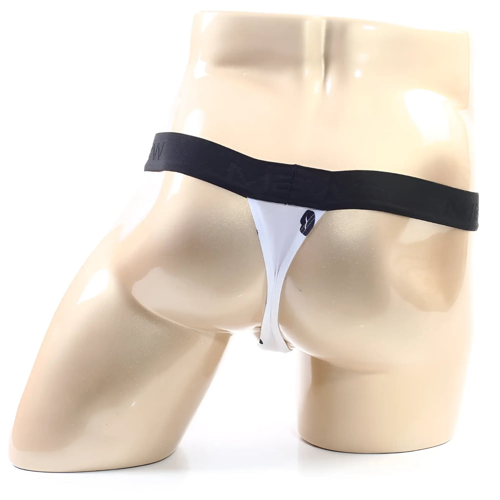 MetroMaleWear kiss white thong with black elastic waistband and small dark logo on front for comfortable wear