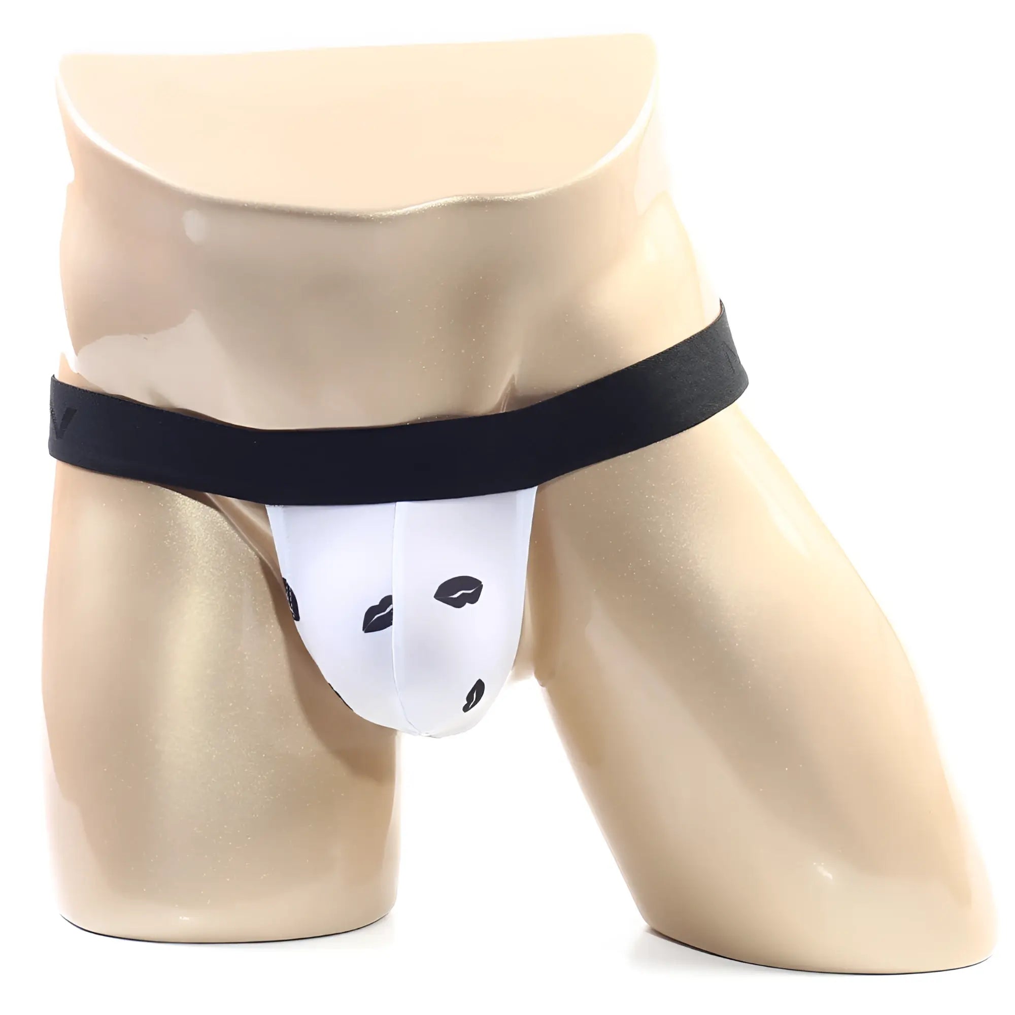 MetroMaleWear kiss white thong 3002-65 featuring white briefs with black lip print and solid black waistband