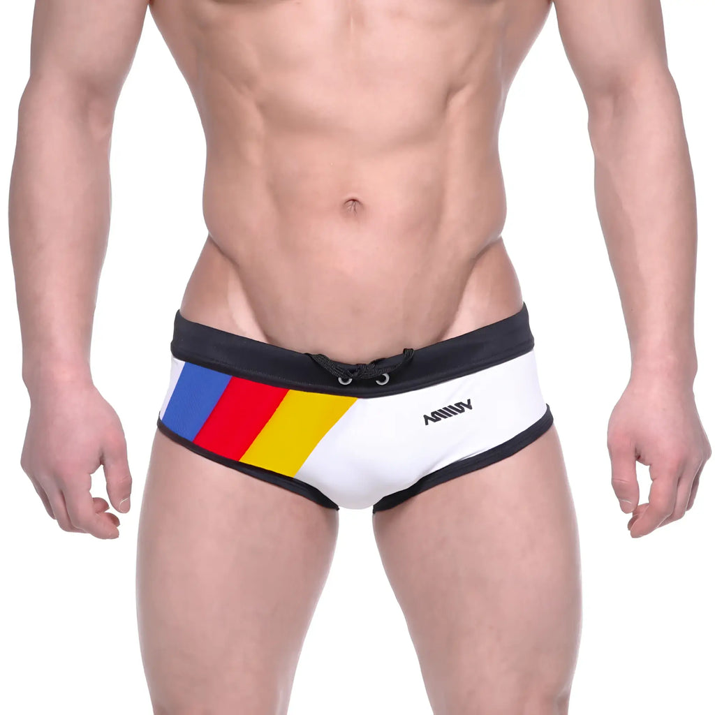 White swim trunks with bold blue red and yellow diagonal stripe black trim and ammy branding side metroMalewear