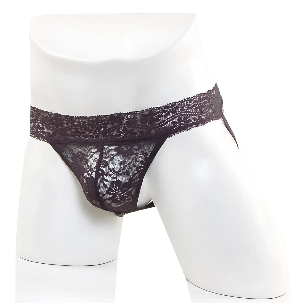 MetroMalewear lace jock strap black with intricate floral patterns and sheer delicate design shown from back side