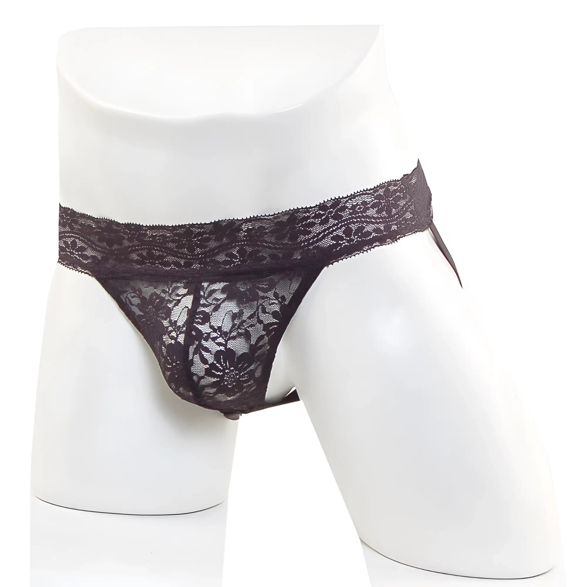 MetroMalewear lace jock strap black with intricate floral patterns and sheer delicate design shown from back side