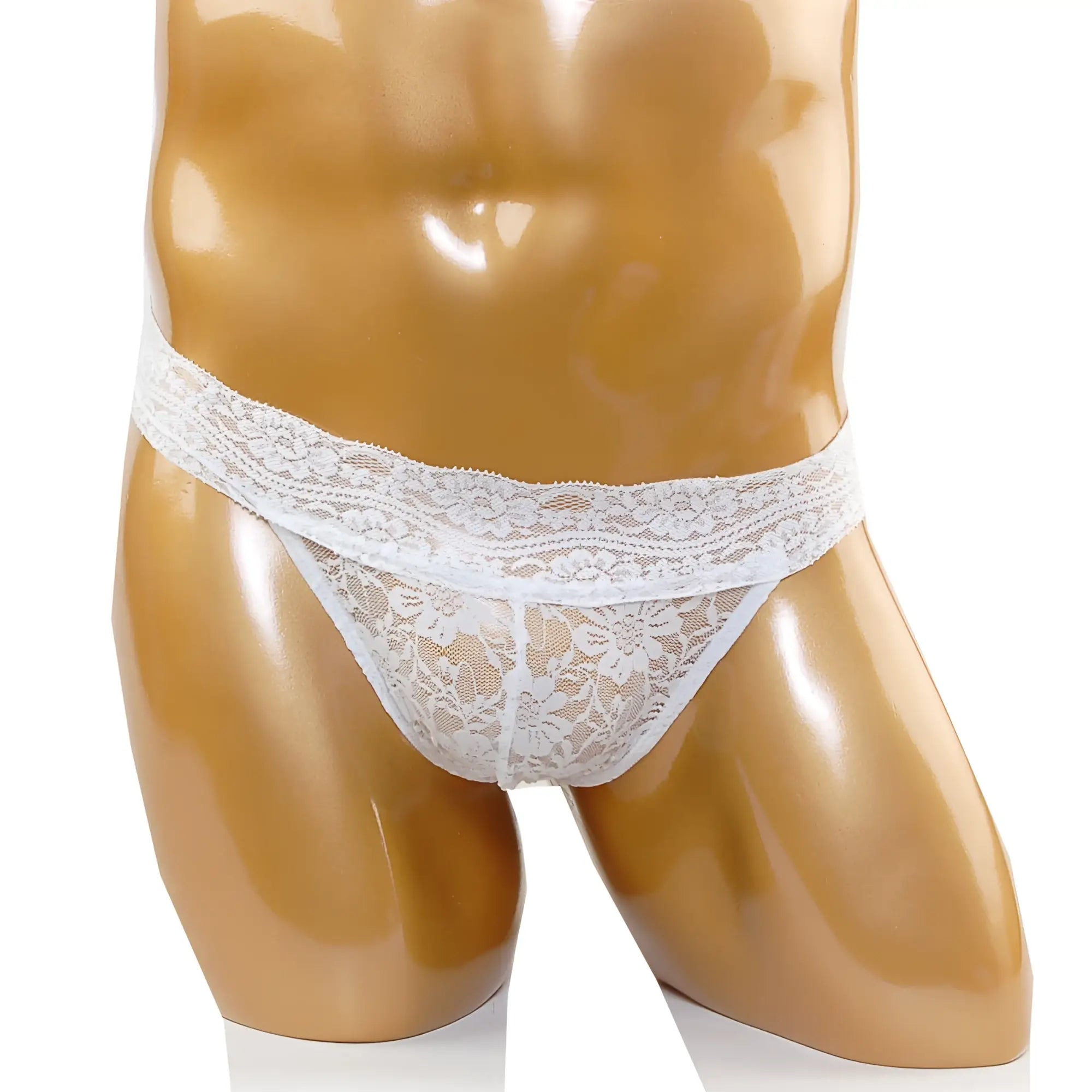 MetroMaleWear lace jock strap white featuring intricate floral patterns and delicate sheer design on the back side