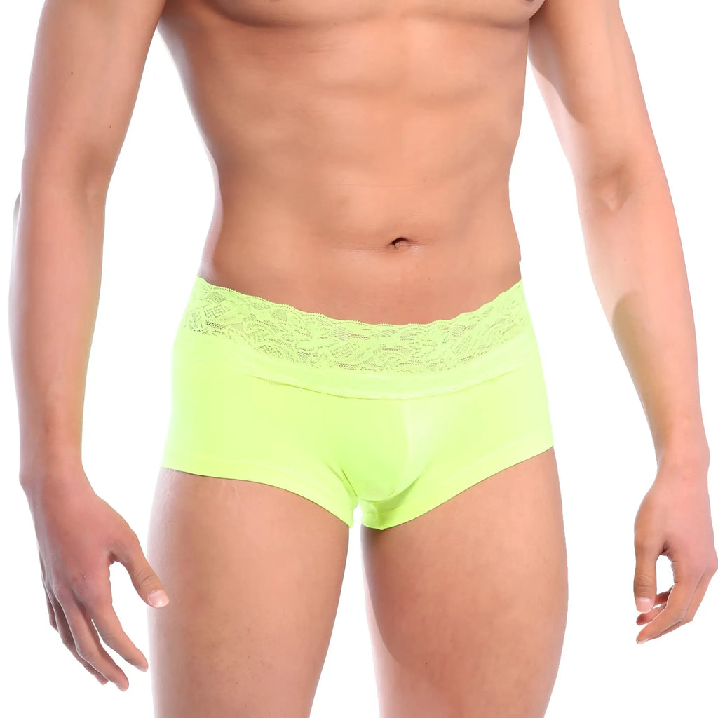 MetroMaleWear lace short boxer neon green briefs with delicate lace trim at the waistband front view