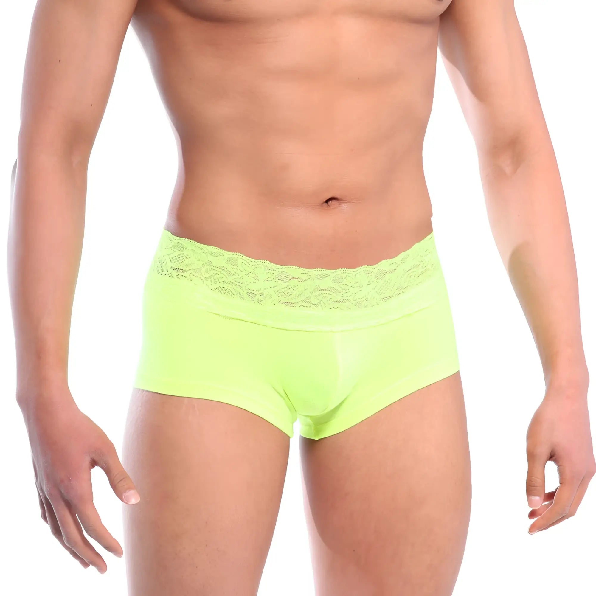 MetroMaleWear lace short boxer neon green briefs with delicate lace trim at the waistband front view