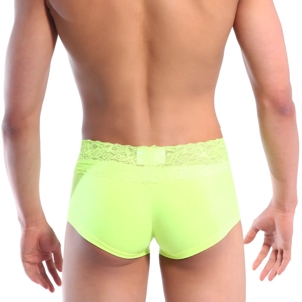 Neon green lace-trimmed briefs metro malewear lace short boxer 2026-06 soft comfortable fabric