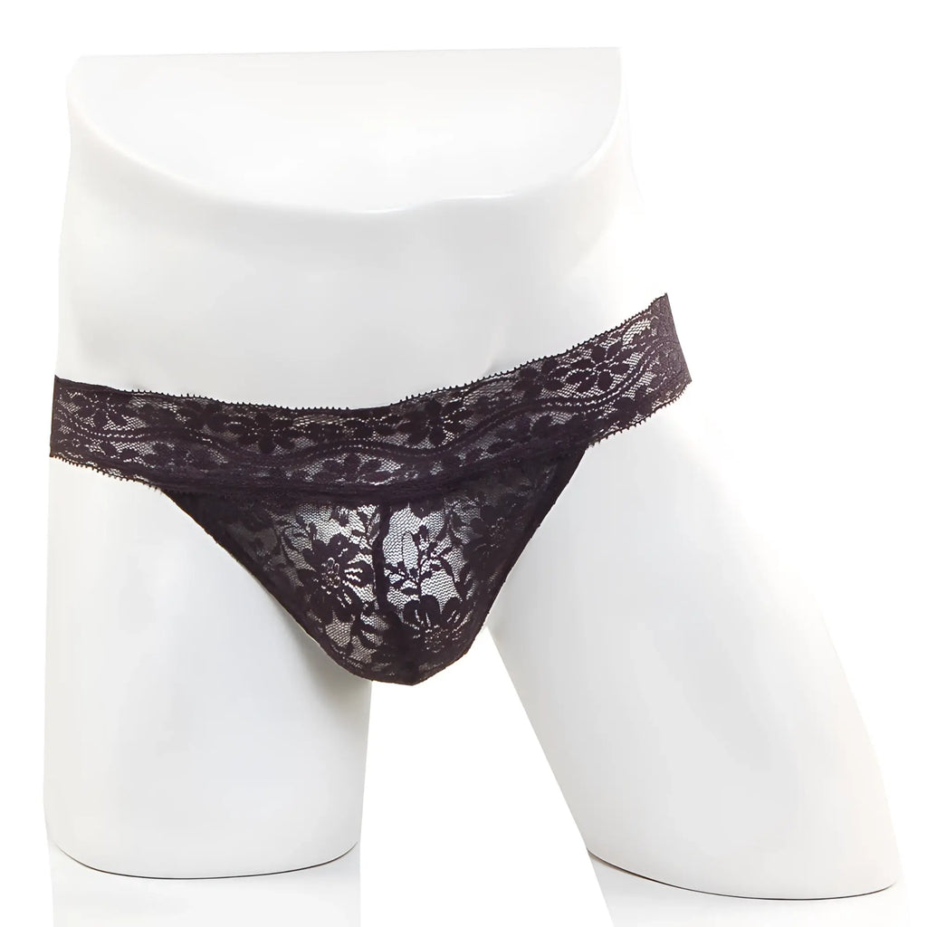 Black lace thong with floral pattern by MetroMaleWear in black featuring delicate lace material for stylish comfort