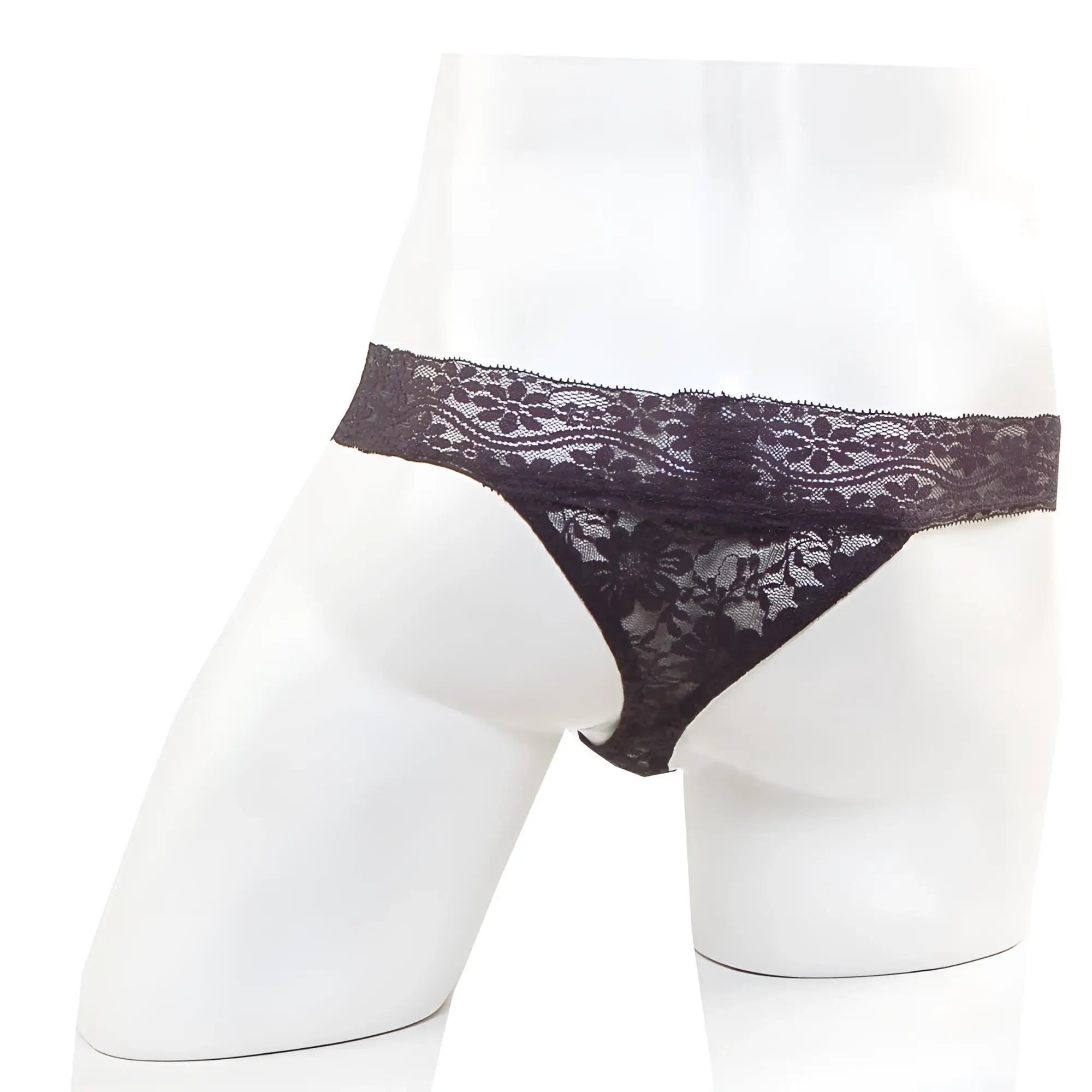 Black lace thong by MetroMaleWear featuring intricate floral patterns and a delicate sheer design in black