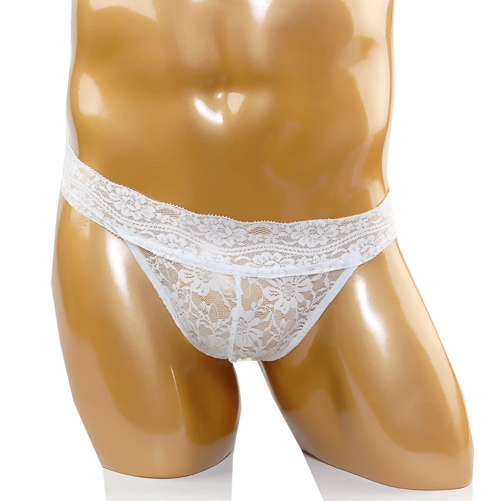 MetroMaleWear lace thong white 2912-70 with intricate floral patterns and delicate sheer lace design