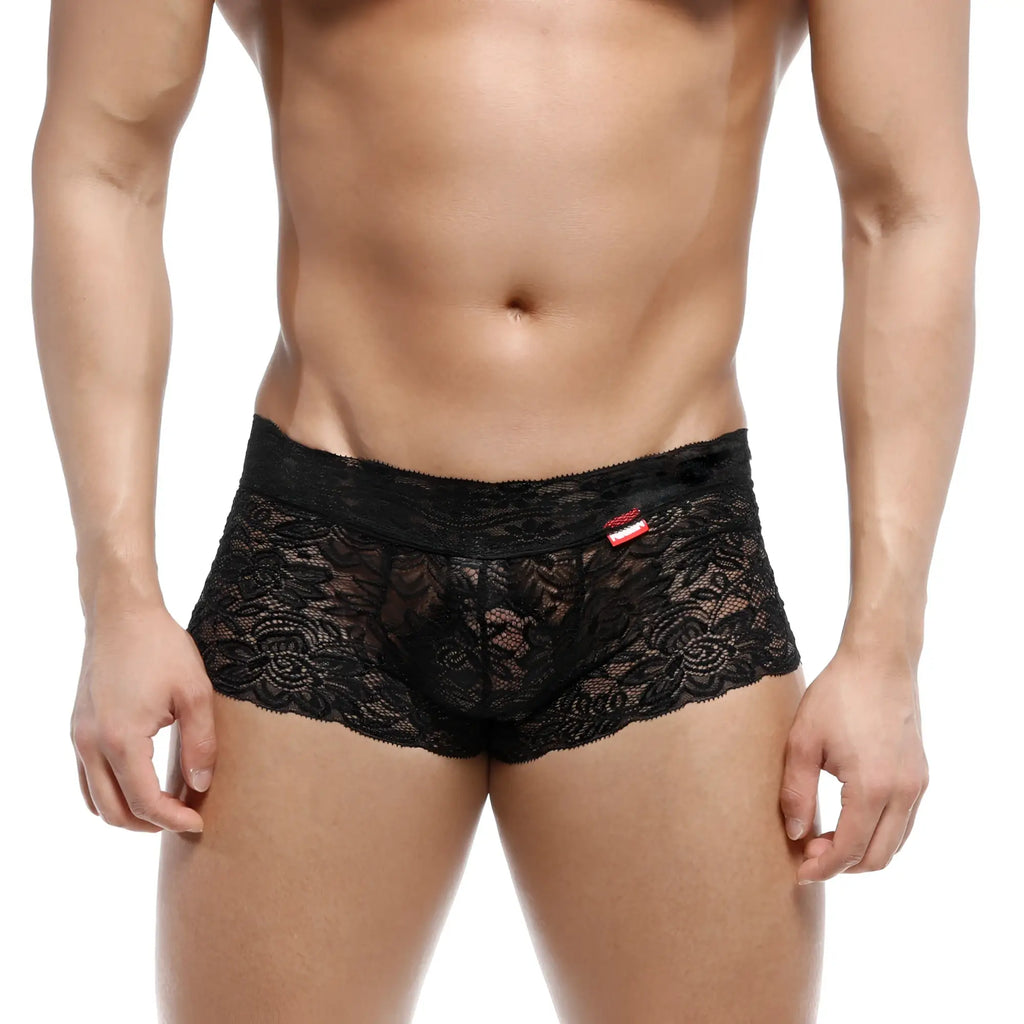 MetroMaleWear lace trunk black 2613-20 men’s underwear featuring intricate floral patterns and a fitted design