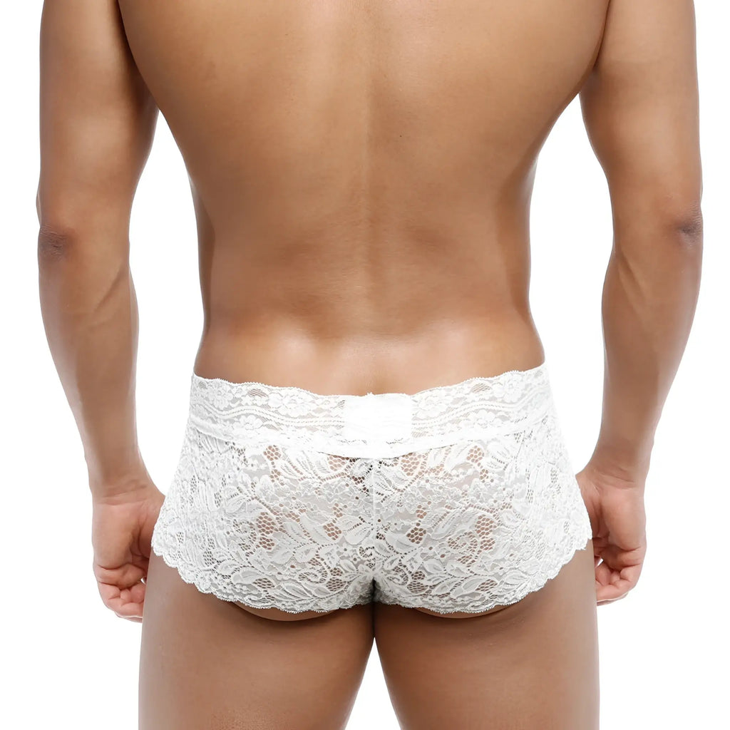 MetroMaleWear lace trunk white 2613-00 white lace briefs with intricate floral patterns and scalloped hemline