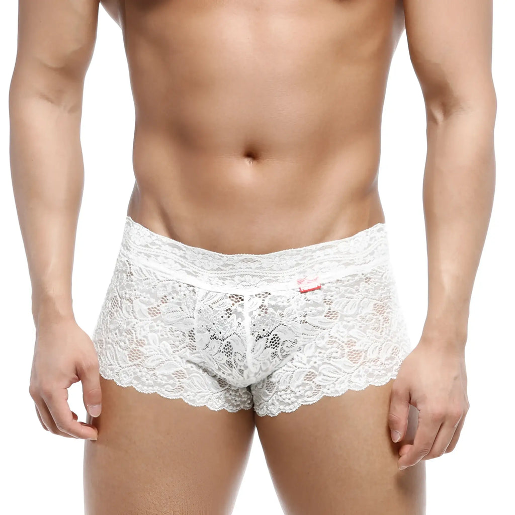 MetroMaleWear lace trunk white 2613-00 men’s briefs with intricate floral lace patterns and scalloped hem