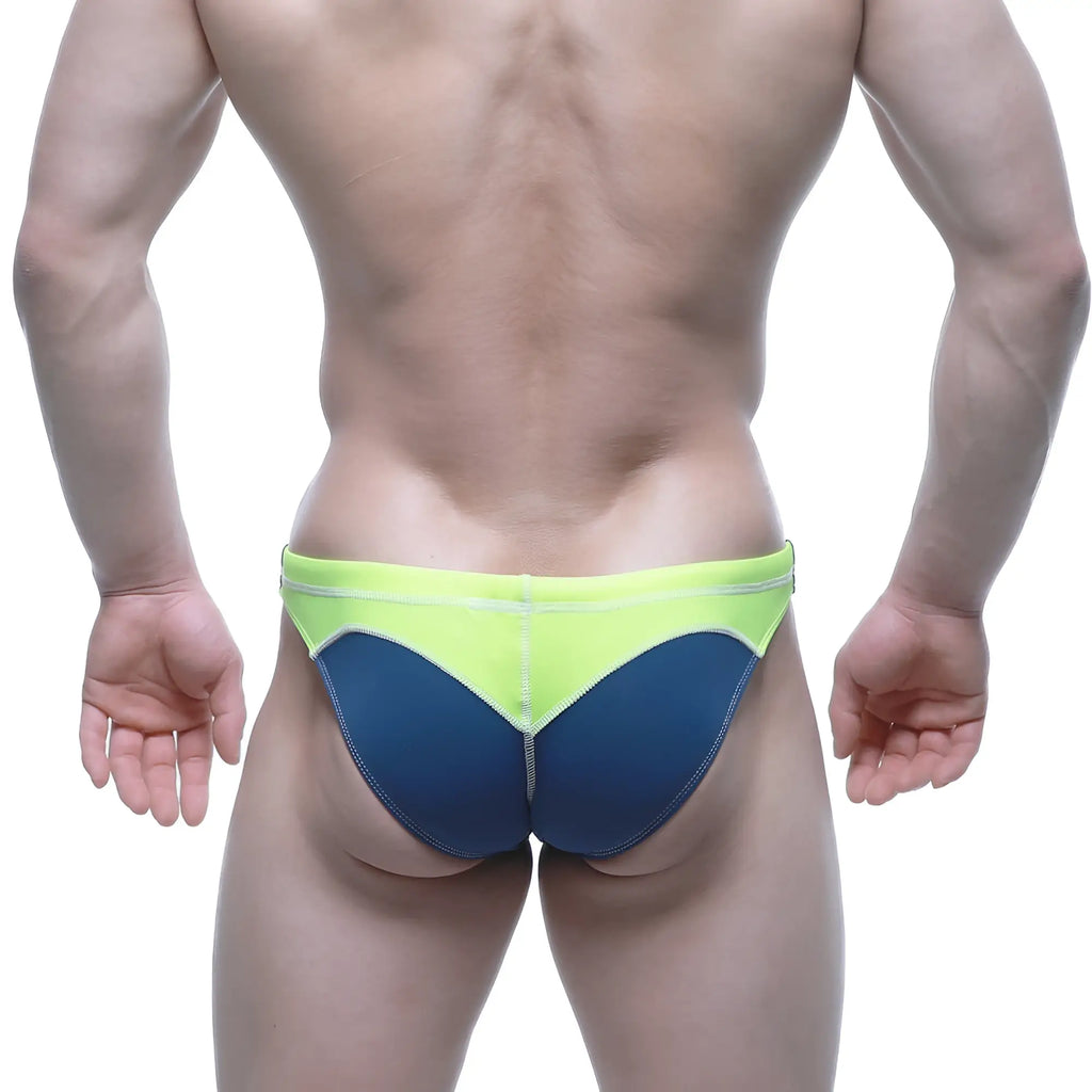 MetroMaleWear LAGUNA swim bikini navy vibrant neon green and deep blue two-tone swim trunks with sleek modern design
