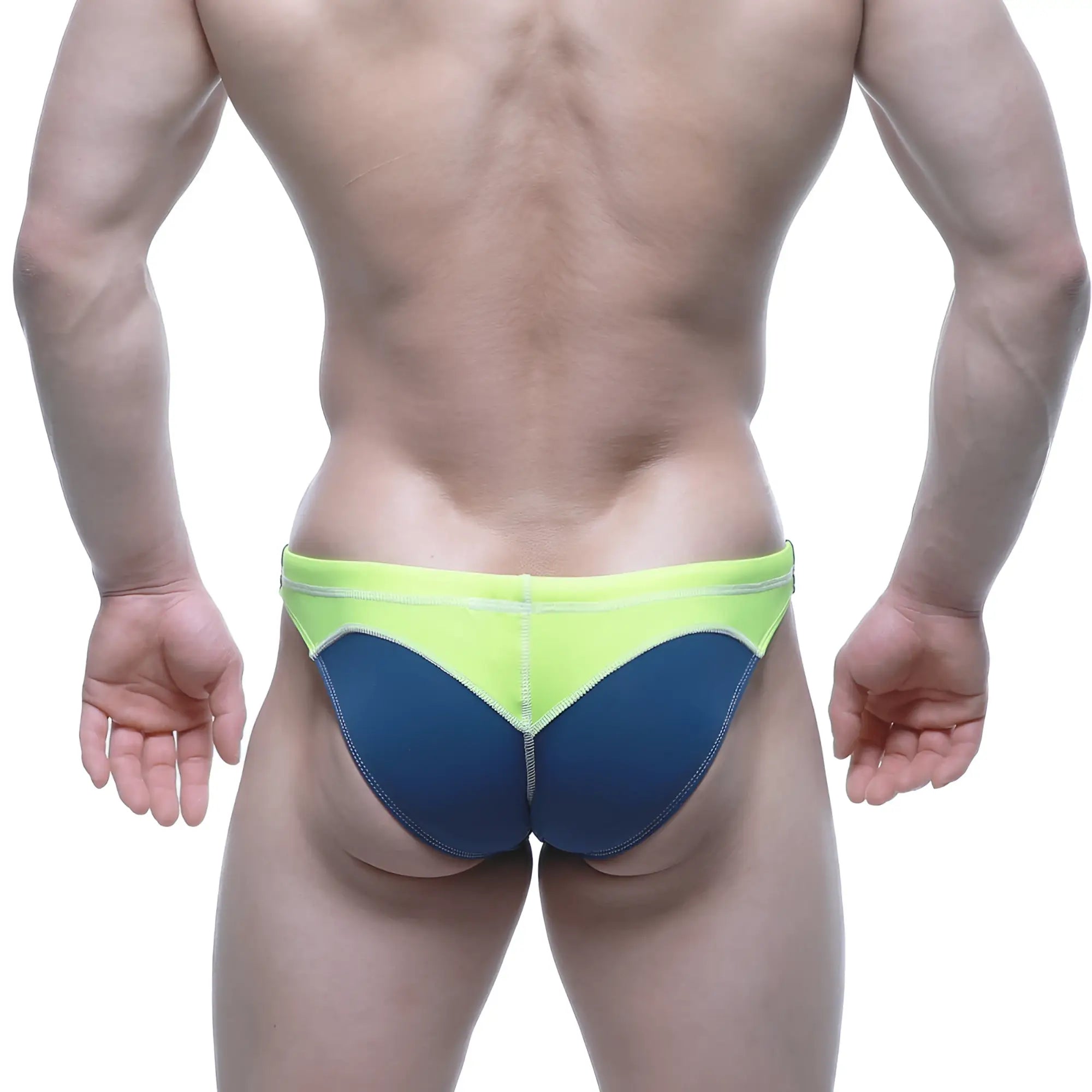 MetroMaleWear LAGUNA swim bikini navy vibrant neon green and deep blue two-tone swim trunks with sleek modern design