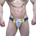 Blue and yellow striped MetroMaleWear Laguna swim bikini with white front panel and mew logo for swimming use