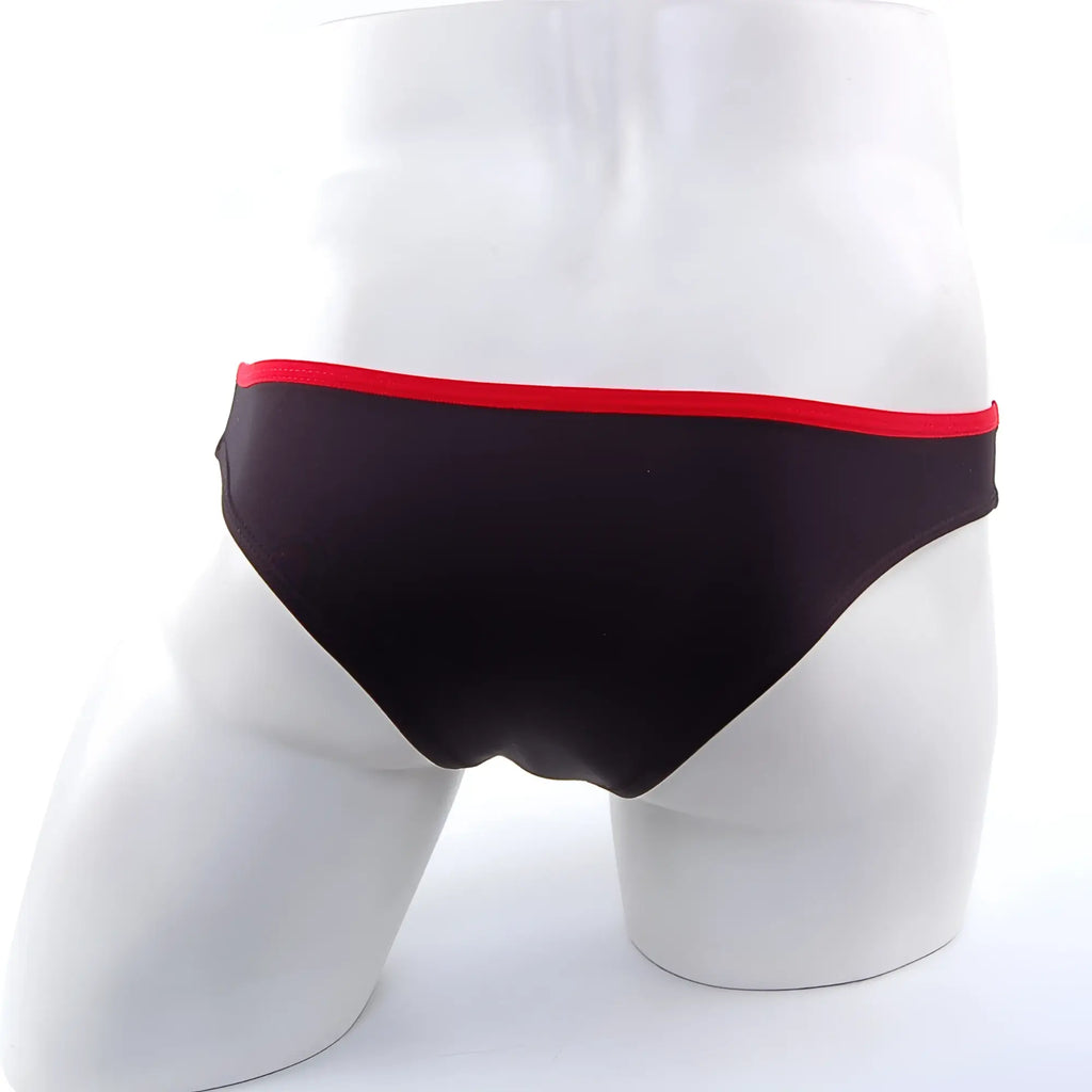 Black swim trunks with a bold red waistband from MetroMaleWear Lasso Bikini Contrast Black 2009-21 collection