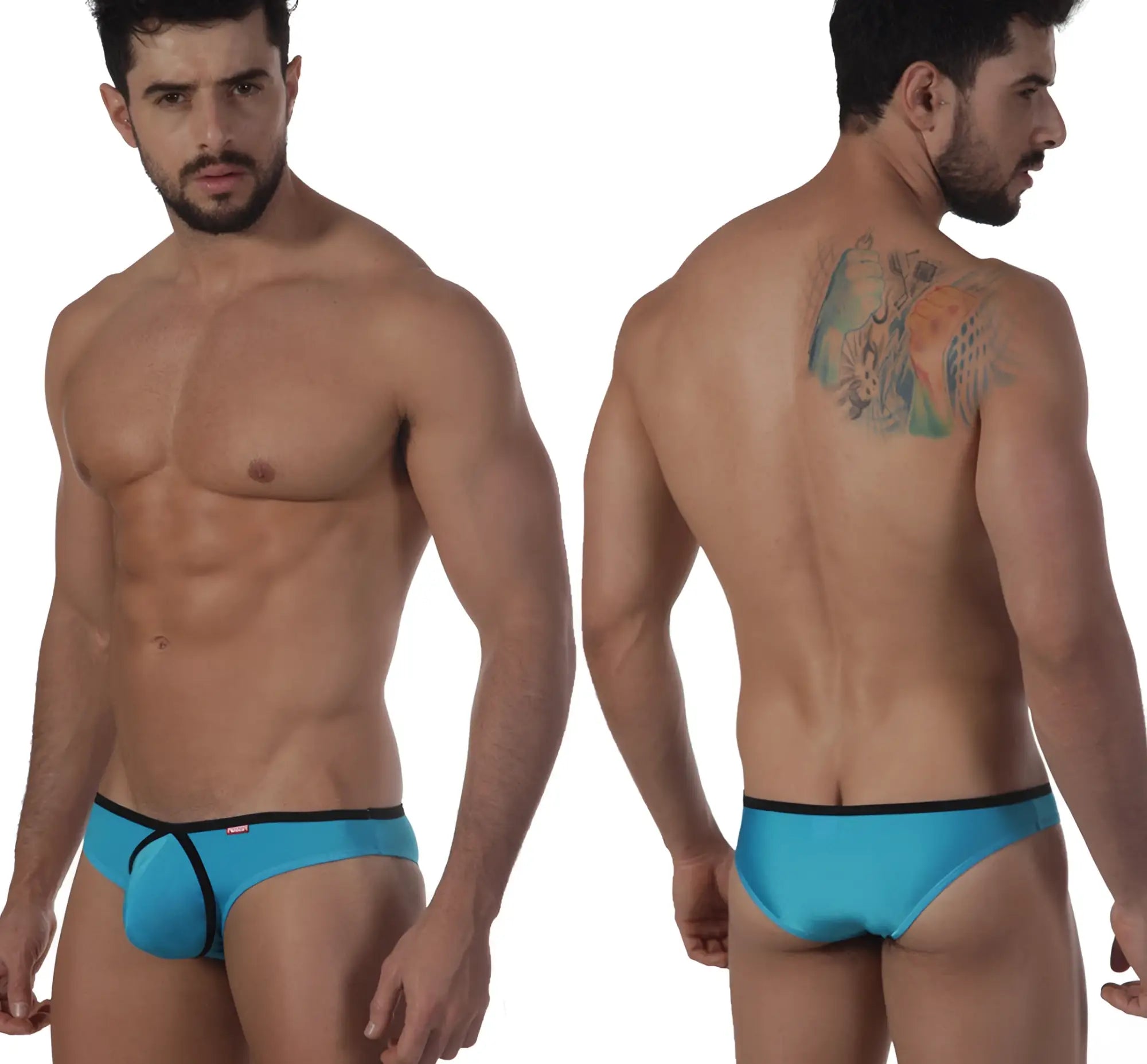 Turquoise blue metro male wear lasso bikini briefs with black trim designed for athletic use