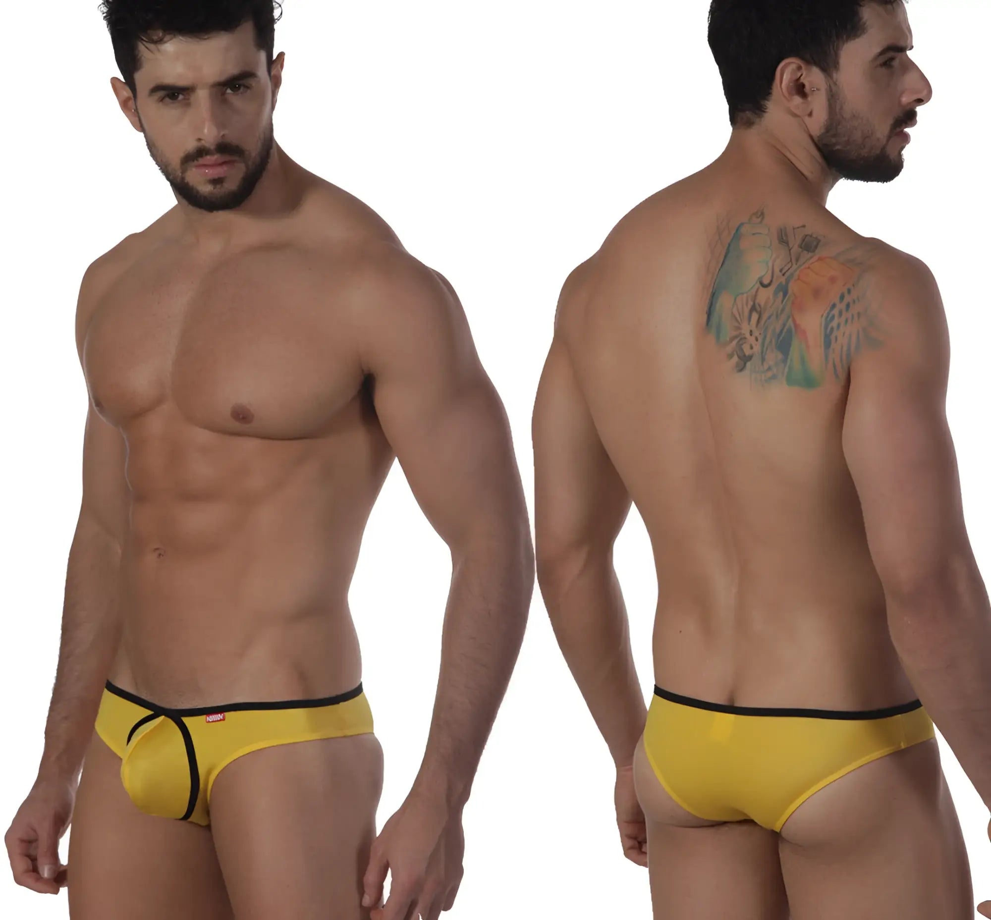 Yellow athletic briefs with black trim and front pouch design by MetroMaleWear lasso bikini for active wear