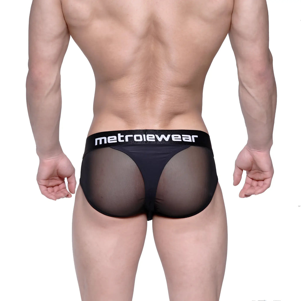 Black mesh metro male wear layered hip briefs with solid black waistband and white metroiewear logo in front