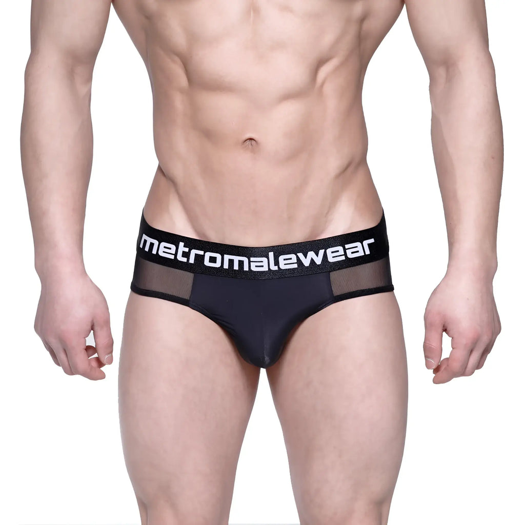 Black mesh layered hip briefs with white metromalewear logo on waistband for stylish comfortable wear