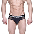 Black mesh layered hip briefs with white metromalewear logo on waistband for stylish comfortable wear