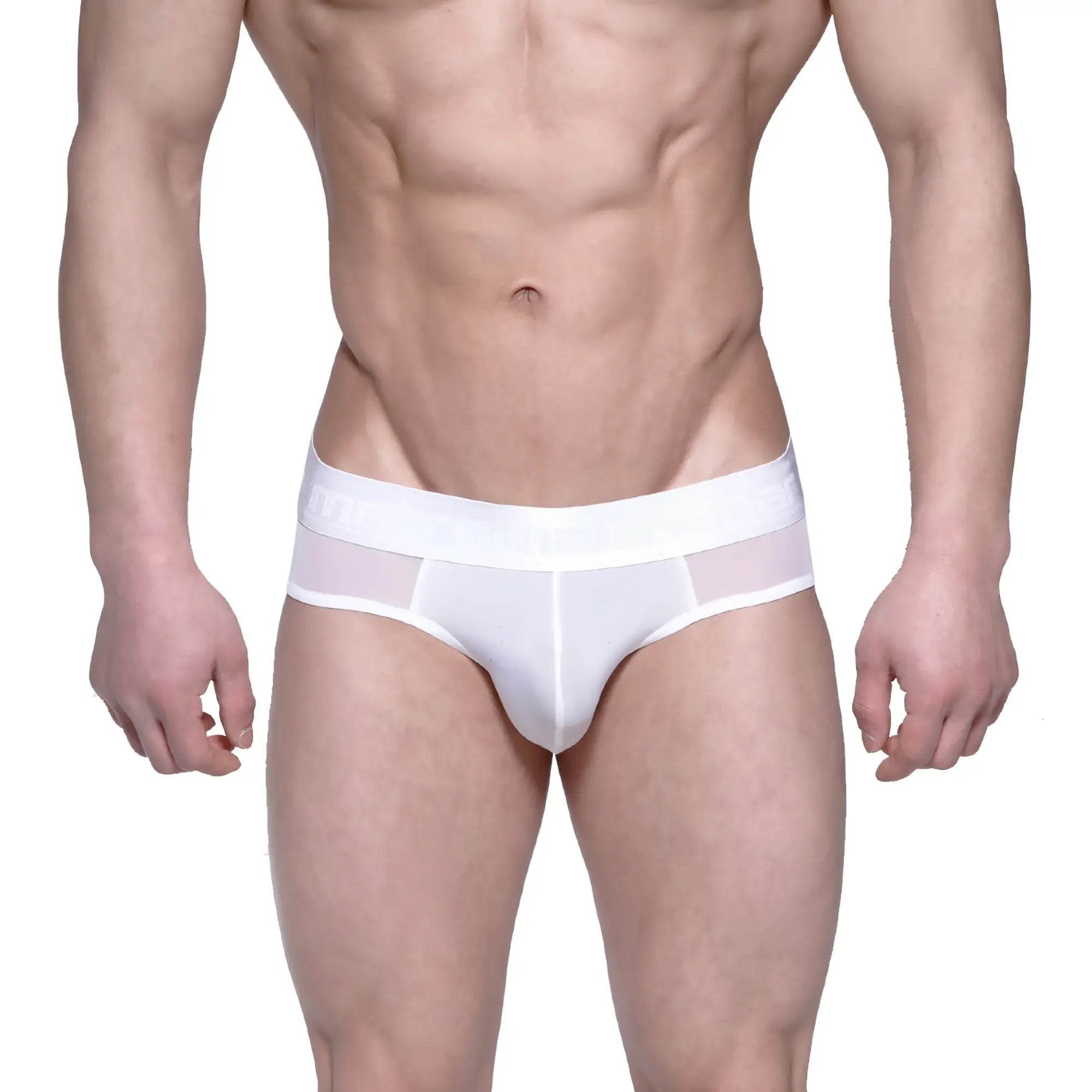 White mens briefs metrohalewear layered hip brief with solid waistband and sheer mesh side panels in white