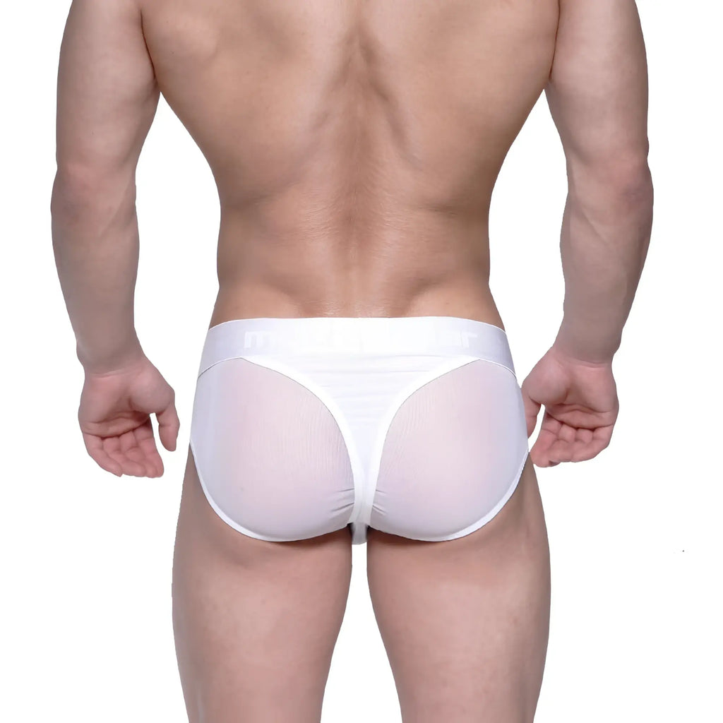 White mesh briefs with a solid white waistband from metroMalewear layered hip brief 5103-32
