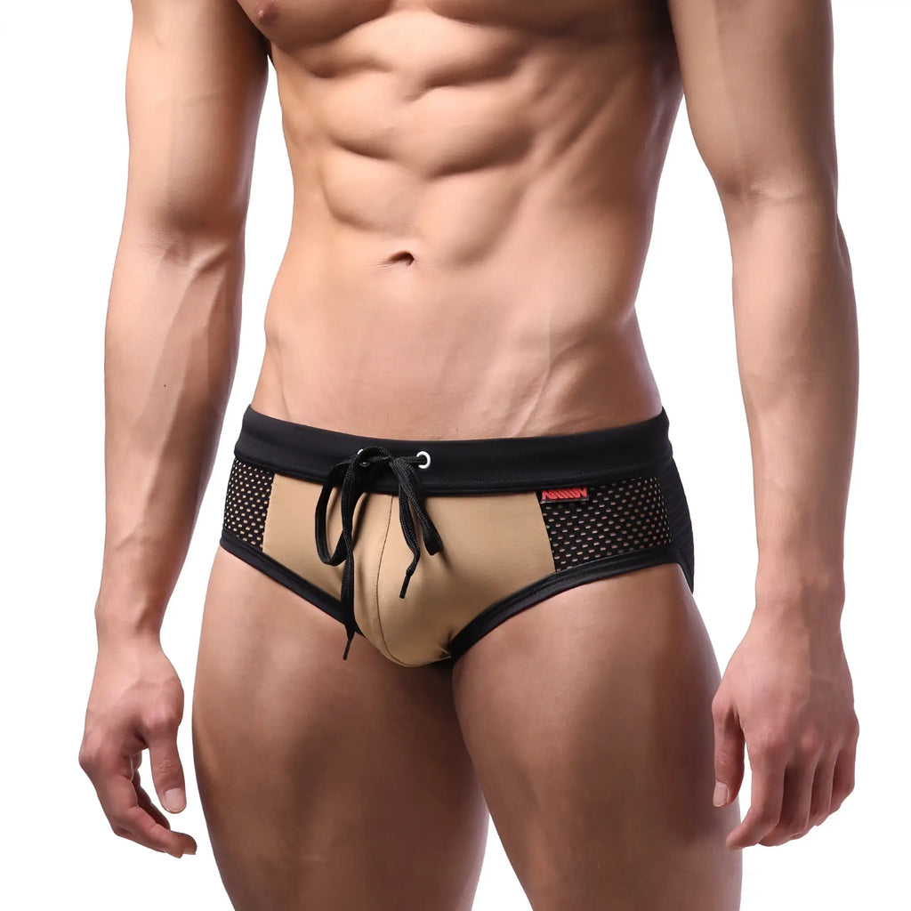 Tan and black mesh MetroMaleWear Layered Swim Brief with drawstring waistband for comfortable swimming