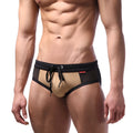 Tan and black mesh MetroMaleWear Layered Swim Brief with drawstring waistband for comfortable swimming