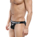 Black chrome-effect leather briefs with white chromalewear branding on waistband metro male wear 3004-f20