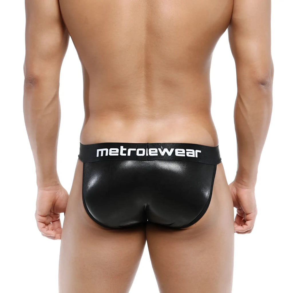 Black metallic-finish leather briefs with metroiewear branded waistband from metromalewear 3004-f20 collection
