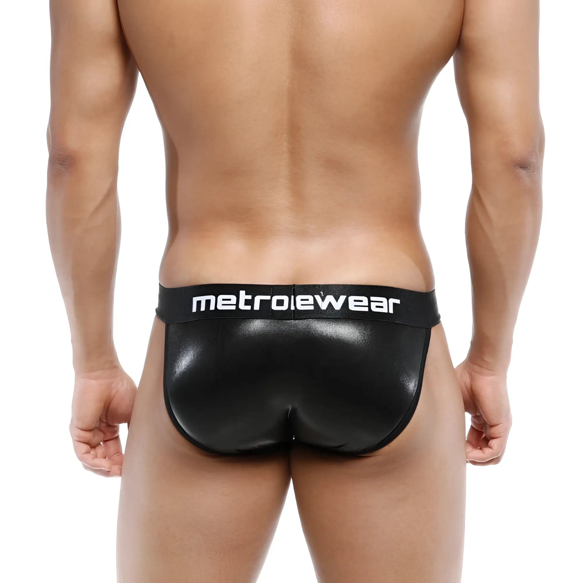 Black metallic-finish leather briefs with metroiewear branded waistband from metromalewear 3004-f20 collection