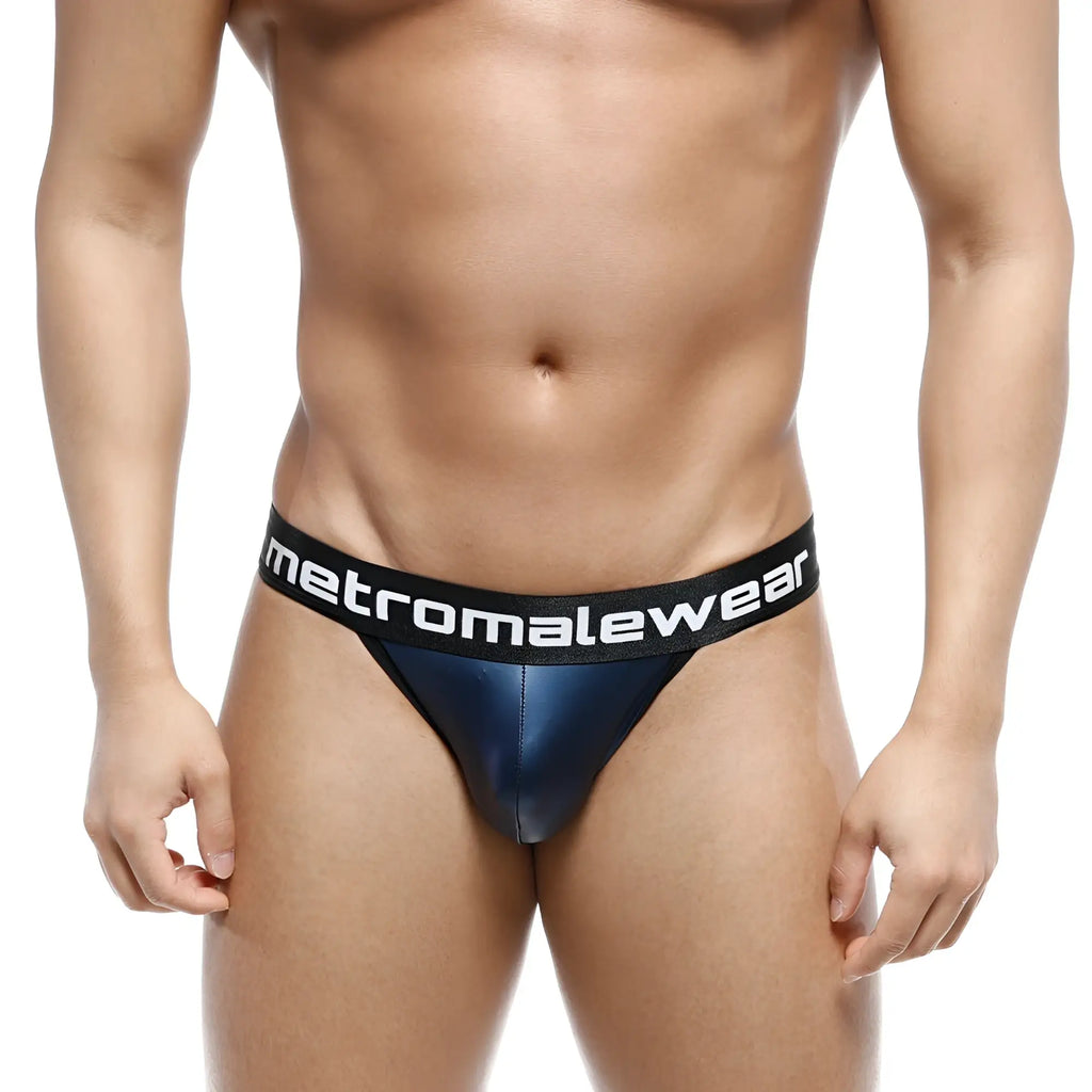 Navy blue metallic leather briefs with black elastic waistband featuring metromalewear logo in white lettering