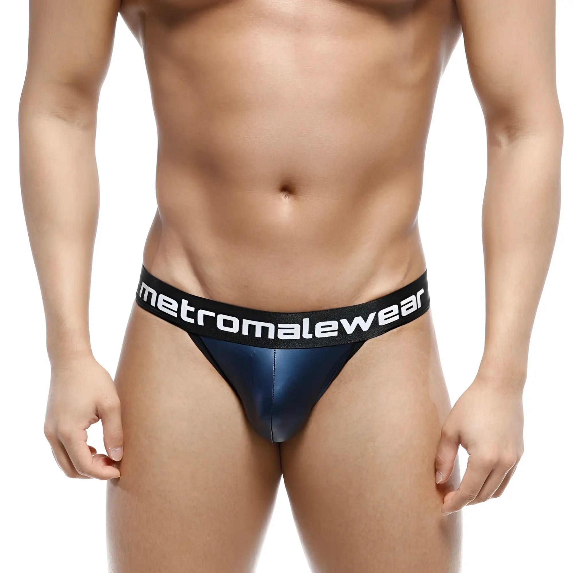 Navy blue metallic leather briefs with black elastic waistband featuring metromalewear logo in white lettering