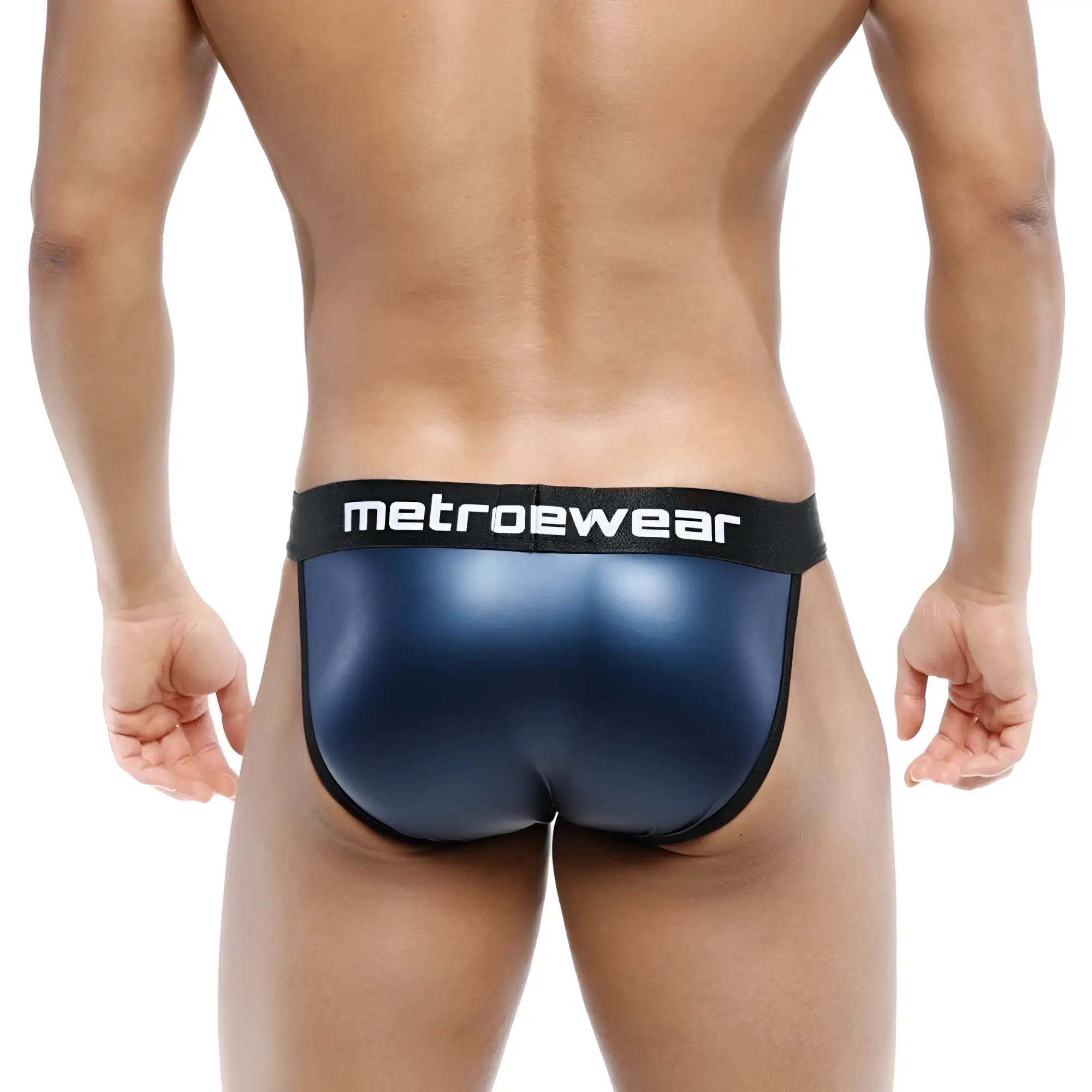 Navy blue metallic leather briefs with black waistband and white metroewear branding metro malewear leather bikini 3004-f28